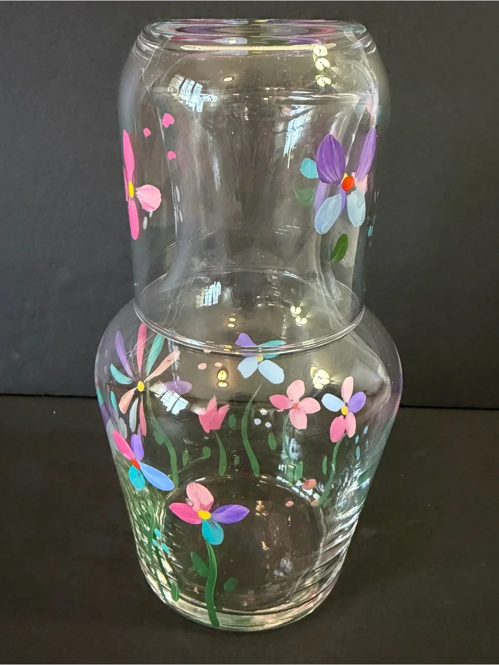 Vintage Tumble Up Bedside Carafe Drinking Glass Hand Blown? Hand Painted Floral